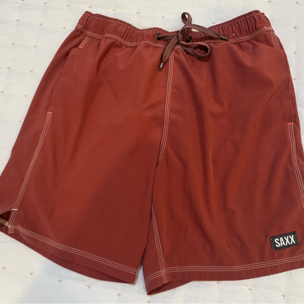 SAXX Oh Buoy 2N1 Swim Volley Workout Shorts in Red and Gray